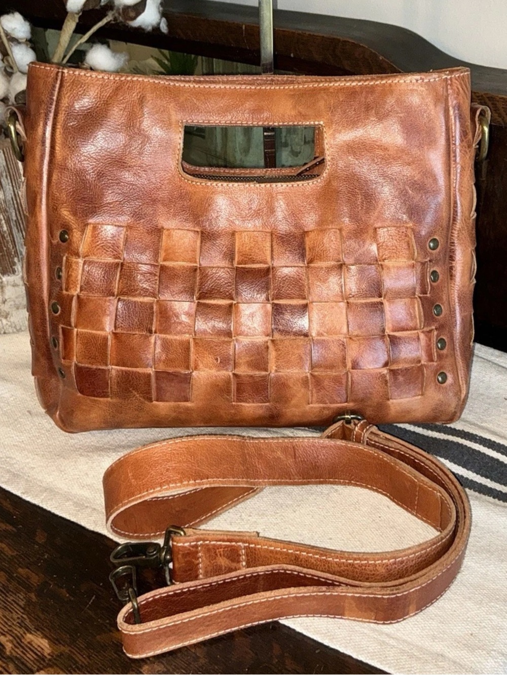 Bed Stu Orchid Leather Satchel Handbag Crossbody Bag Cognac Dip Dye MSRP $280